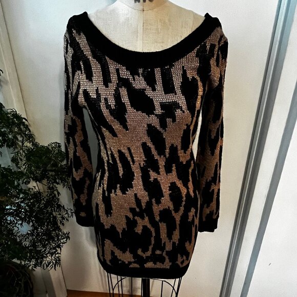 MINKPINK Leopard Print Metallic Mini Sweater Dress Size X-Small - Picture 1 of 8